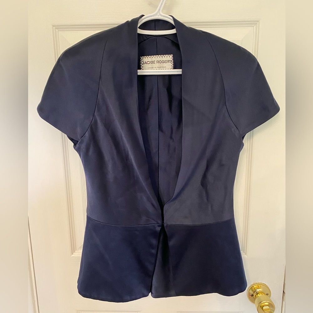 Jackie Rogers 100% Silk Navy Shortsleeved Blazer with Capped Sleeves